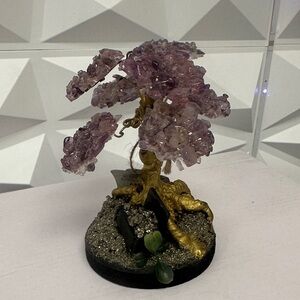 Amethyst Crystal Bonsai Sculpture - Pink and Gold Home Art